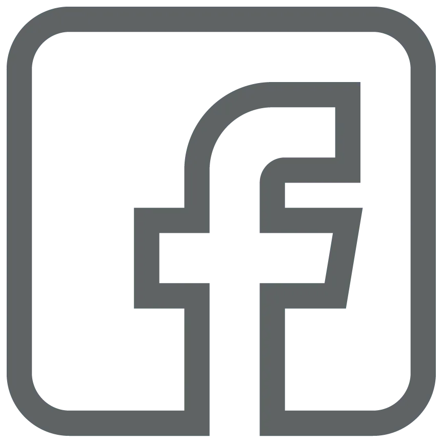 Dark gray lowercase letter “f” centered inside a rounded square border, representing the Facebook brand, on a transparent background.