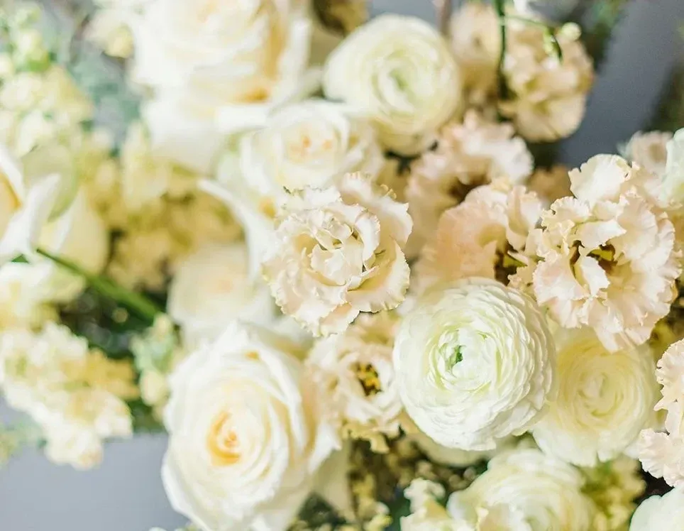 Close-up of soft cream and white flowers, including roses and ranunculus, with delicate petals and greenery in the background.