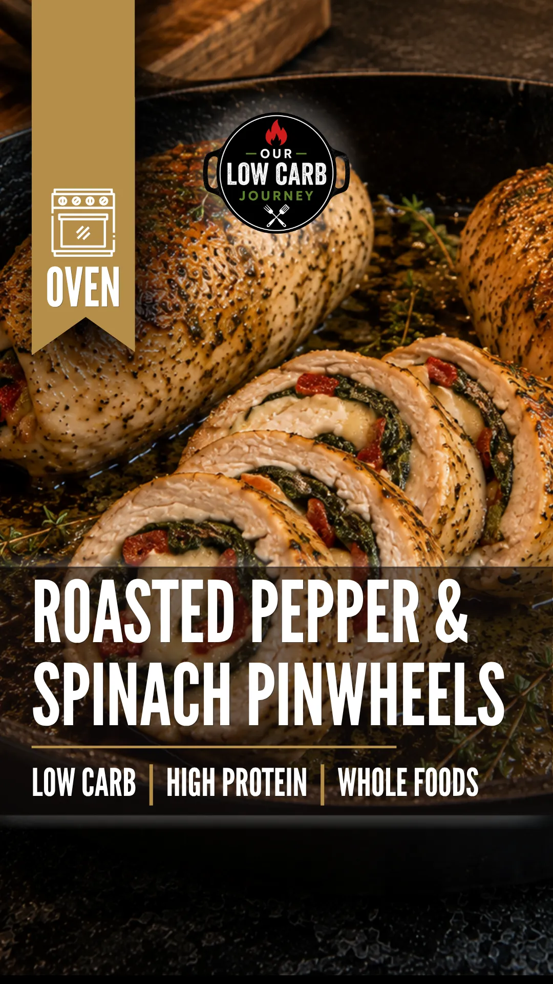 Low carb chicken pinwheels filled with roasted red pepper, spinach and melted cheese