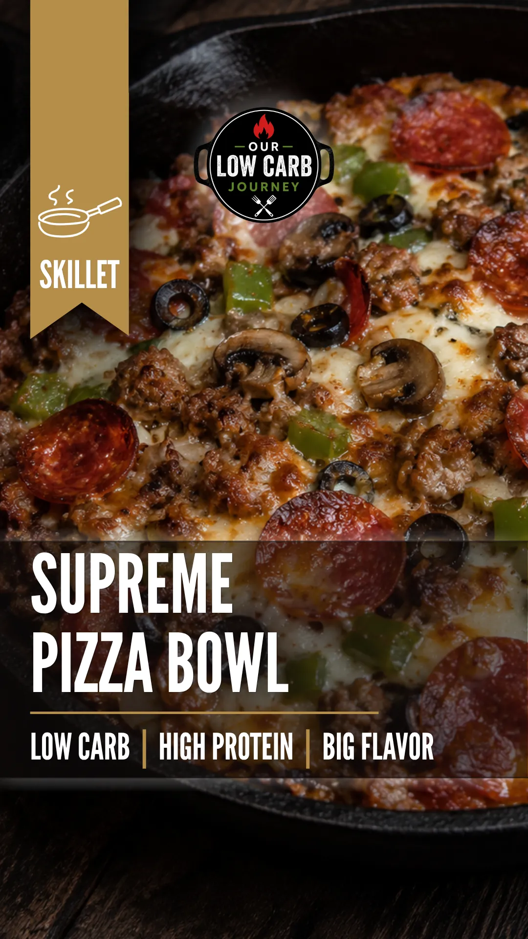 Low carb supreme pizza bowl with cheese, pepperoni, sausage and pizza toppings