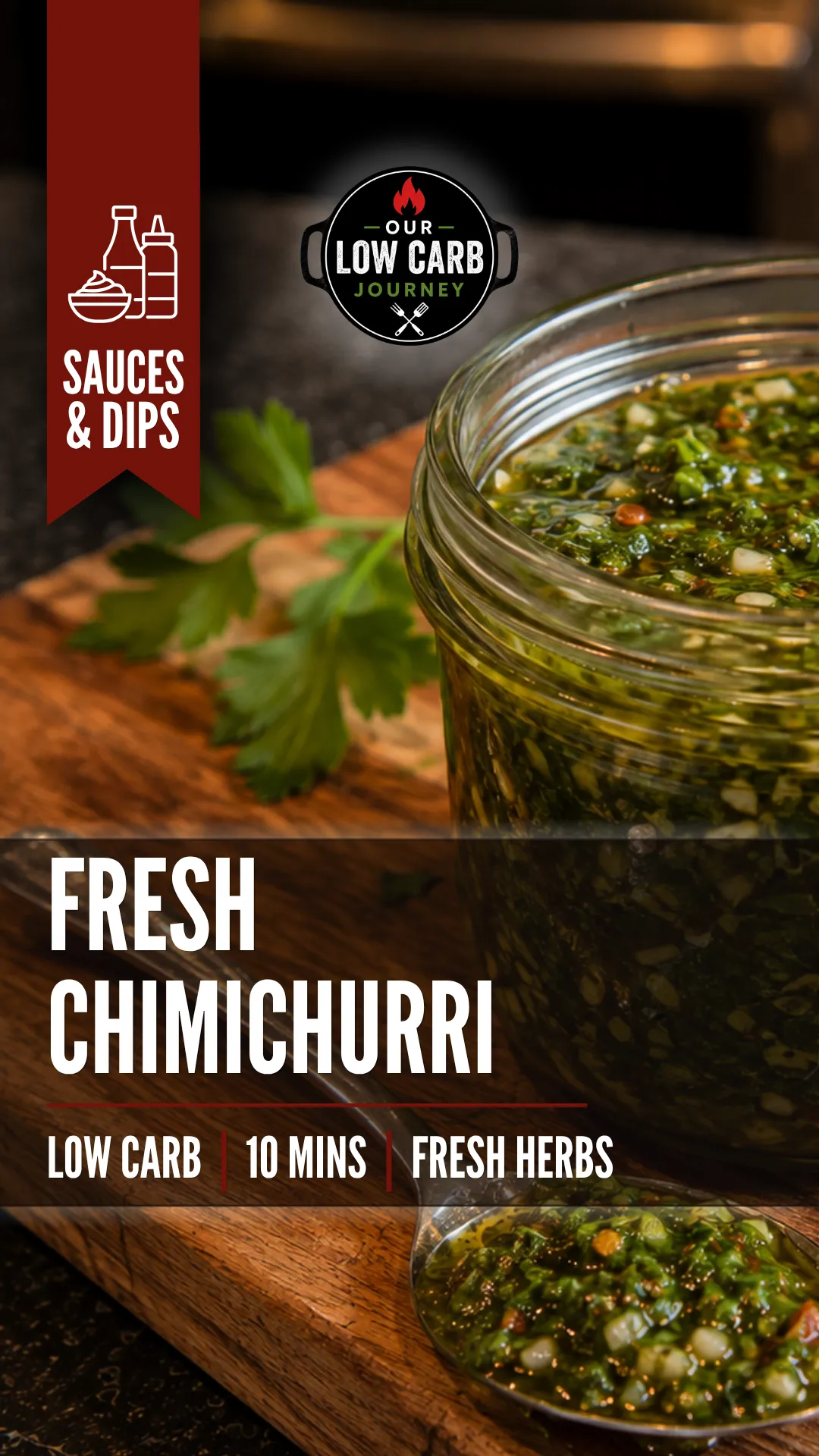 Fresh homemade chimichurri sauce with herbs, garlic and olive oil