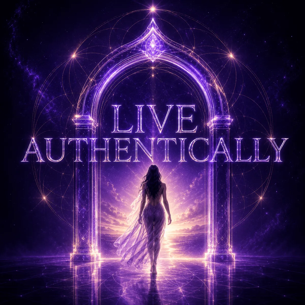 Radiant figure expressing their authentic self within a mystical field of light and sacred geometry