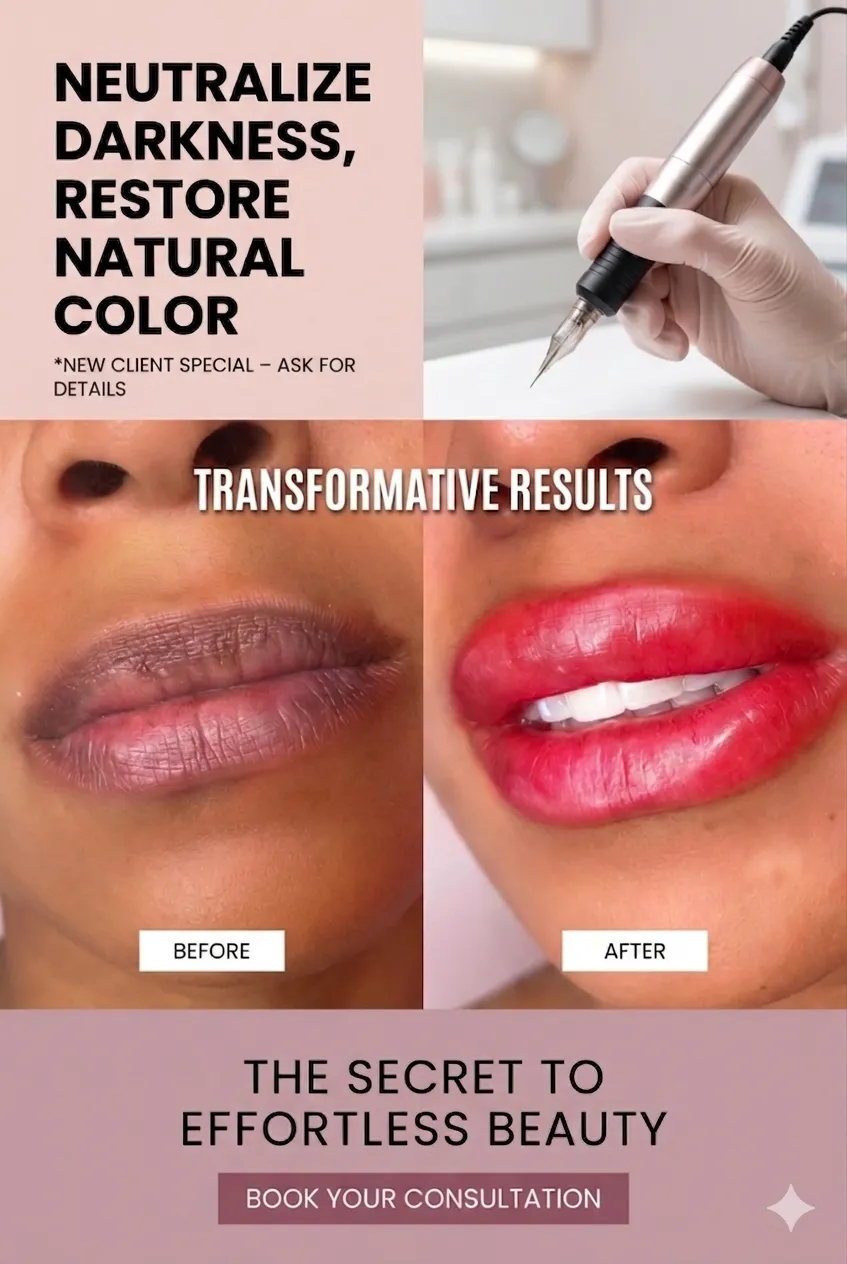 Dark Lip Neutralization Before and After showcasing the Dark Lip Magic methodology