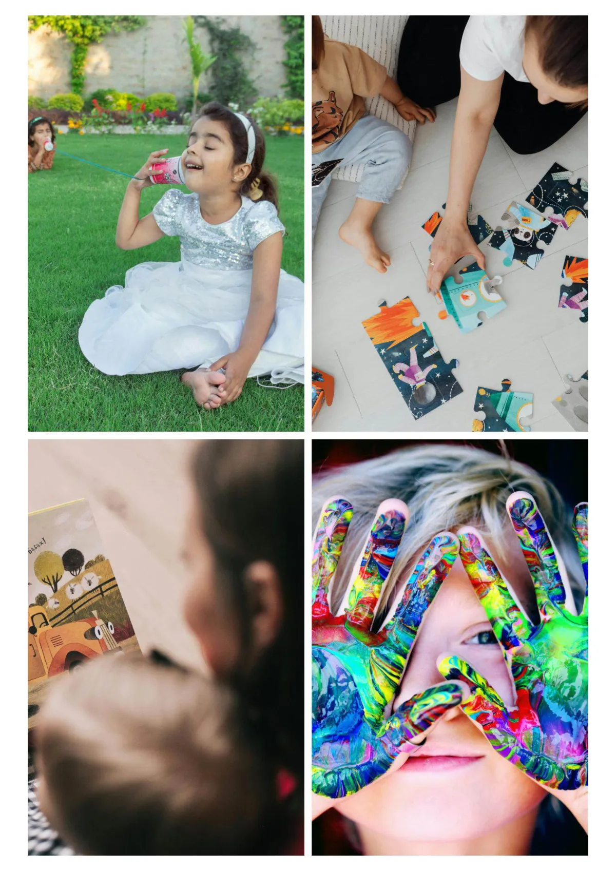Three children playing with colorful building blocks; one child is outdoors pretending to fly, another is focused on stacking blocks, and a group collaborates indoors with a teacher's assistance.