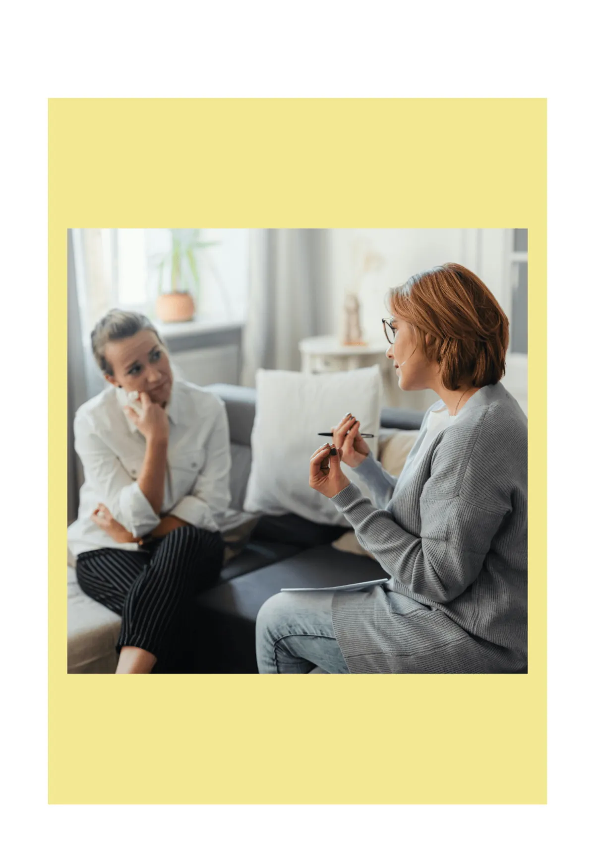 A woman engages in a conversation with a therapist in a supportive and professional setting.; Laura Hutchinson, Speech-Language Pathologist at Paths 2 Communication, Guelph, Ontario