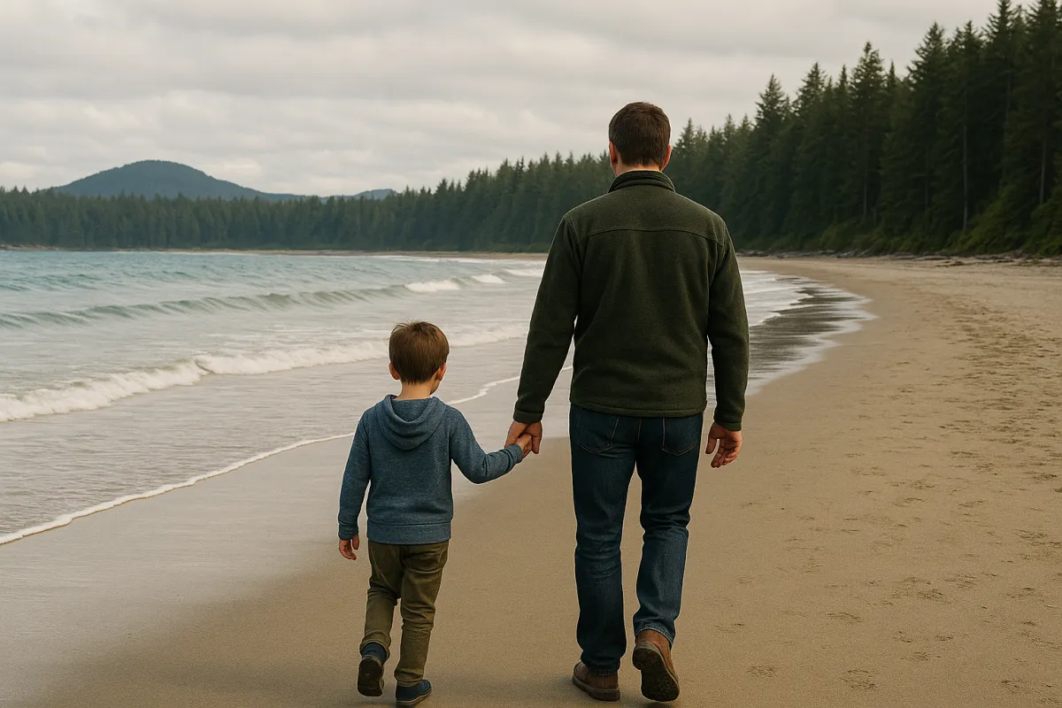 Father and son walking in the shore of Vancouver Island