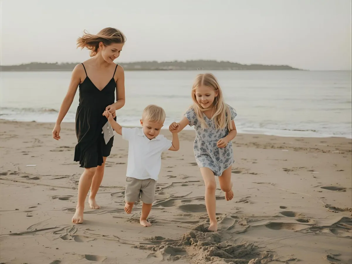 A woman and two children joyfully running along the sandy beach, with waves gently crashing in the background. Gulf Islands