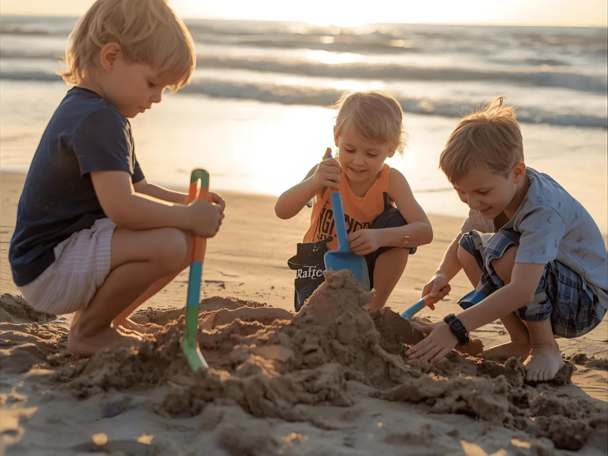 Three children joyfully playing with sand on the beach, building castles and enjoying the sunny day.; Laura Hutchinson, Speech-Language Pathologist at Paths 2 Communication, Gulf Islands