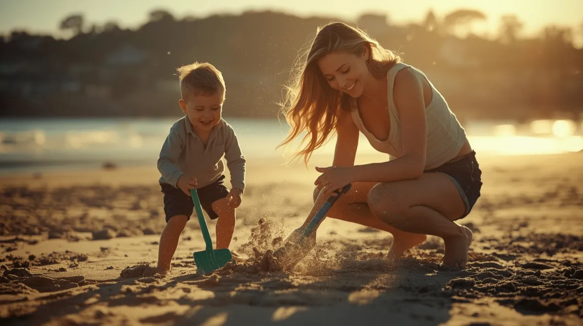 Mother and son playing shovel and sand