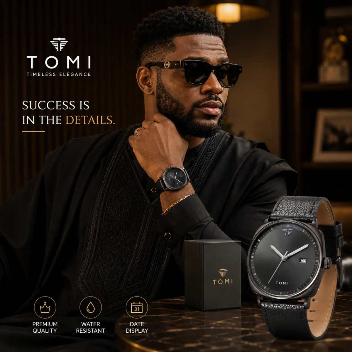 Watch resting on a premium leather steering wheel