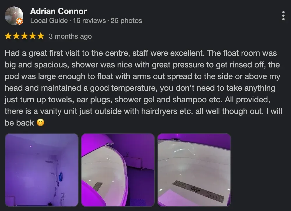 Five-star Google review from a Glasgow Float Centre guest, review 4