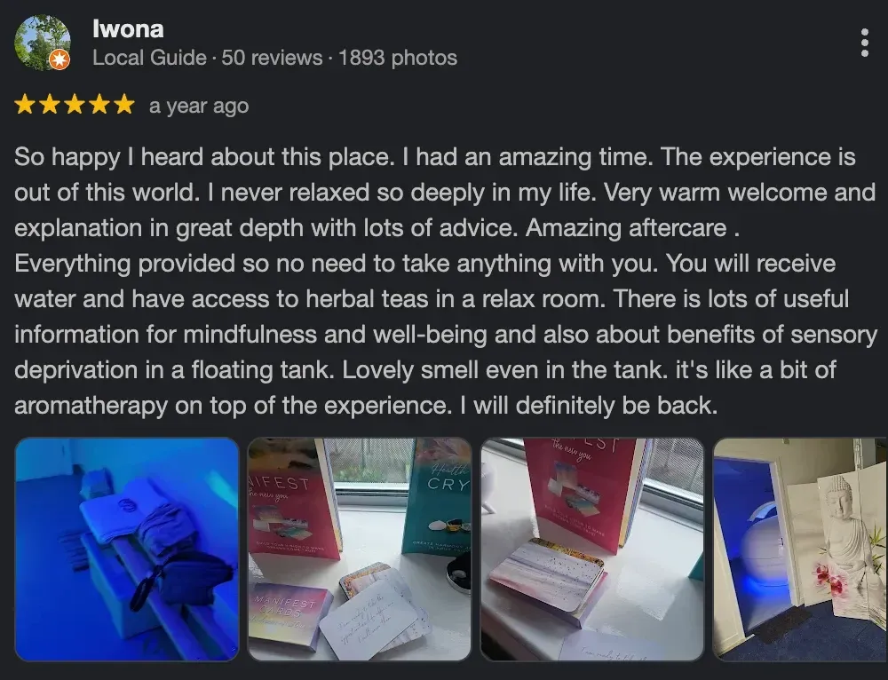 Five-star Google review from a Glasgow Float Centre guest, review 2