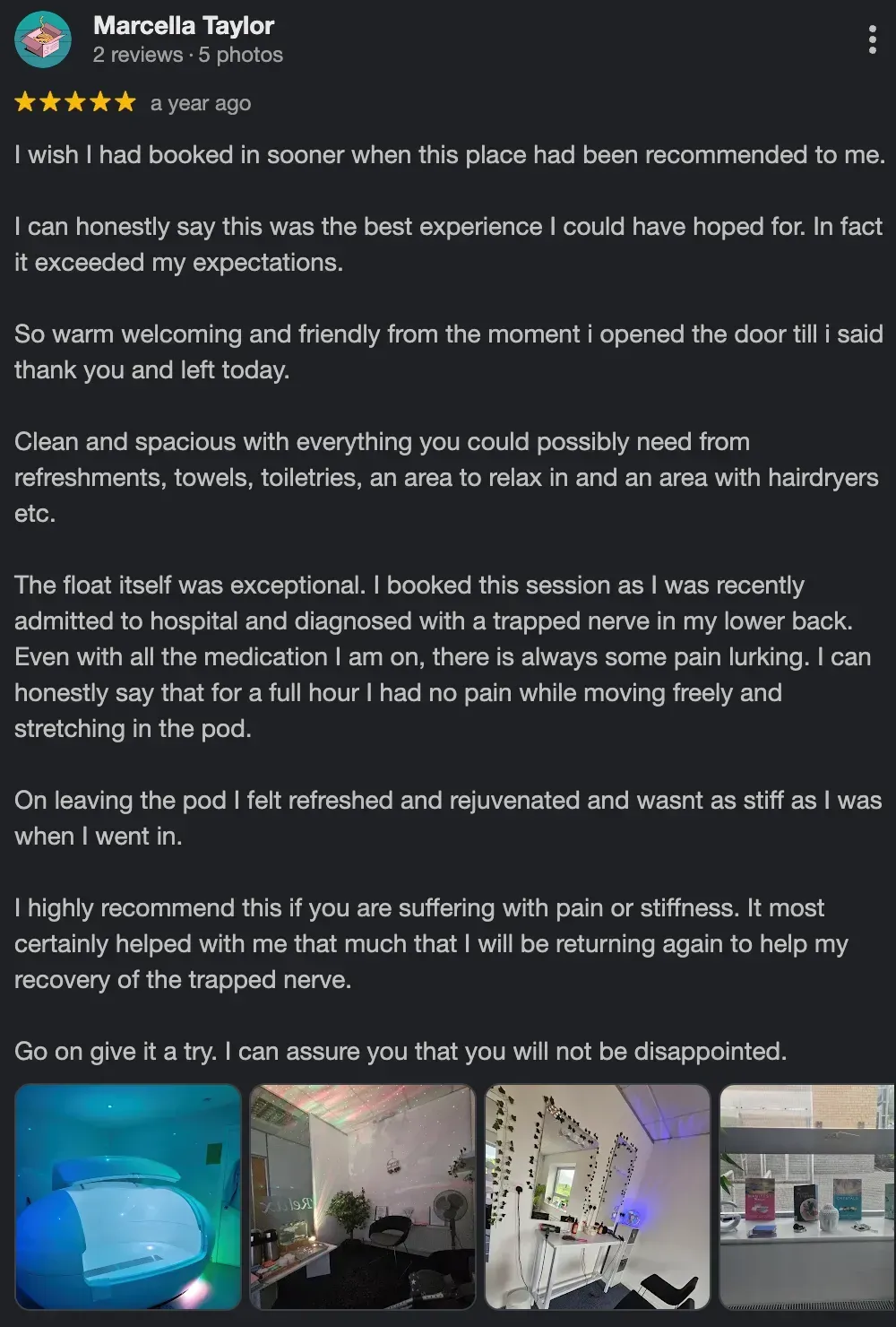 Five-star Google review from a Glasgow Float Centre guest, review 5