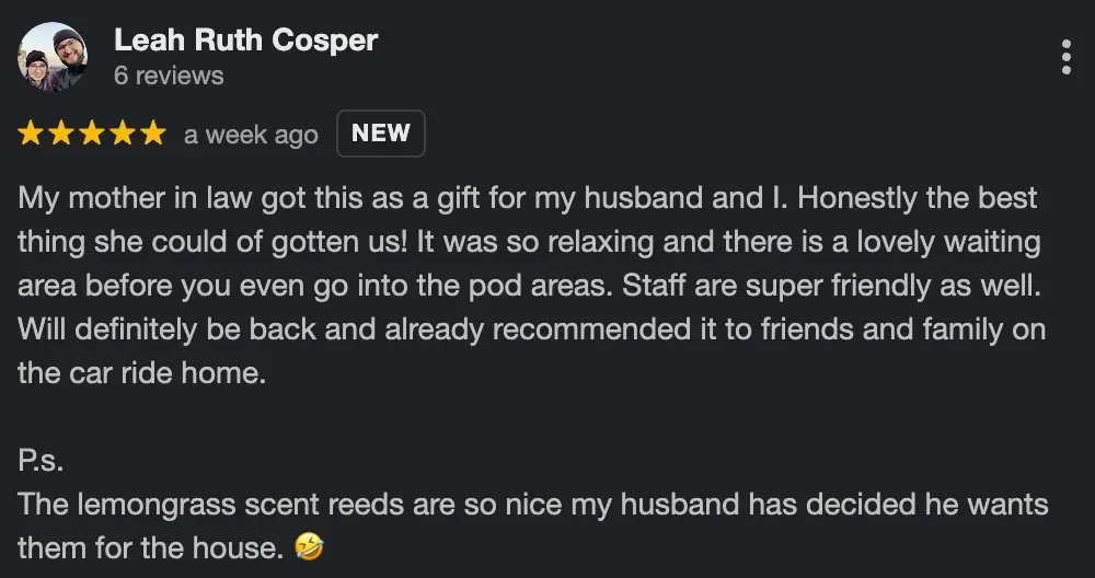 Five-star Google review from a Glasgow Float Centre guest, review 1