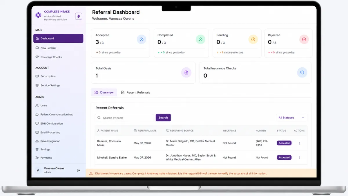 Complete Intake referral dashboard and PDGM scoring