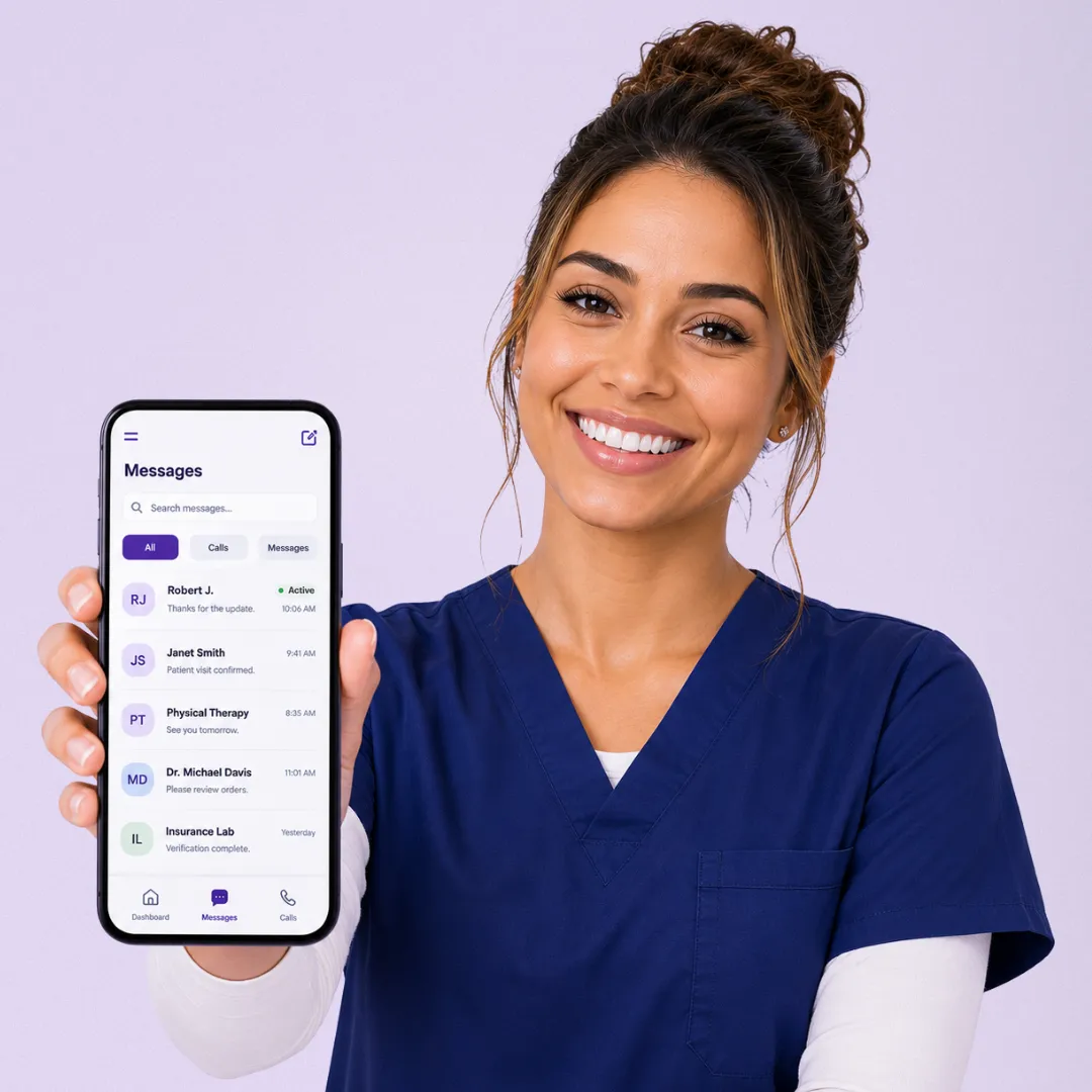 Healthcare clinician holding a smartphone displaying a patient messaging app with contact list and communication alerts, representing centralized patient communication and virtual number workflows.