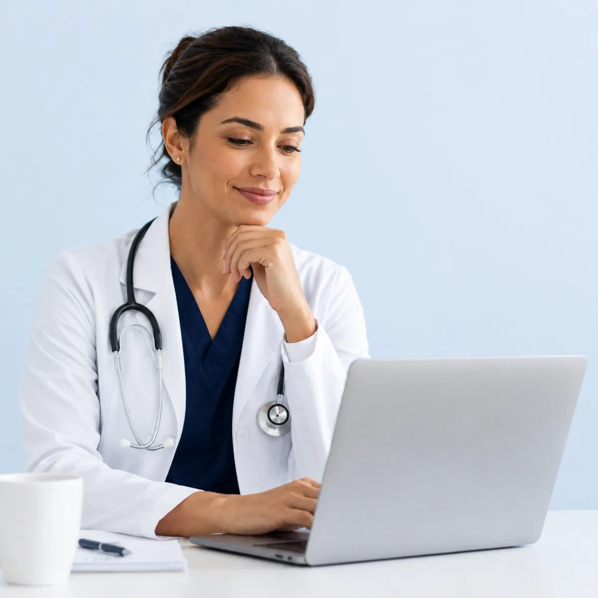 Clinician in a white coat reviewing patient information on a laptop as part of digital intake, documentation, or care coordination workflows.