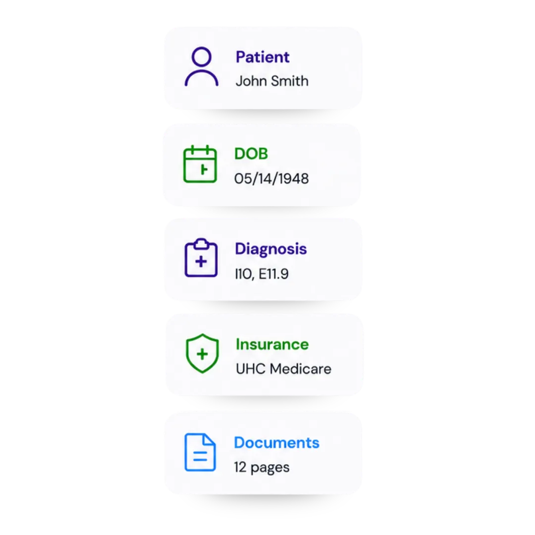    Patient snapshot card displaying name, date of birth, diagnosis codes, insurance provider, and document count for streamlined intake review.