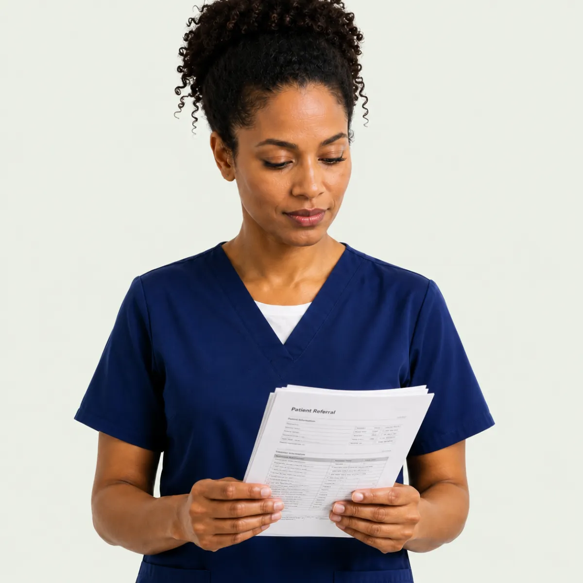 Healthcare professional reviewing a printed patient referral packet, illustrating manual intake workflows before digital automation.