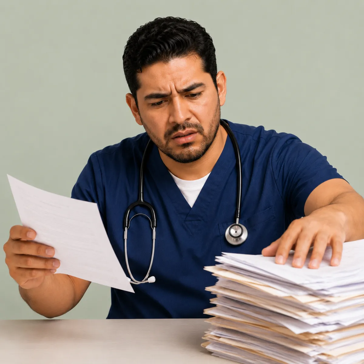 Home health clinician reviewing referral paperwork, representing the manual intake burden Complete Intake helps automate with AI-powered referral review.