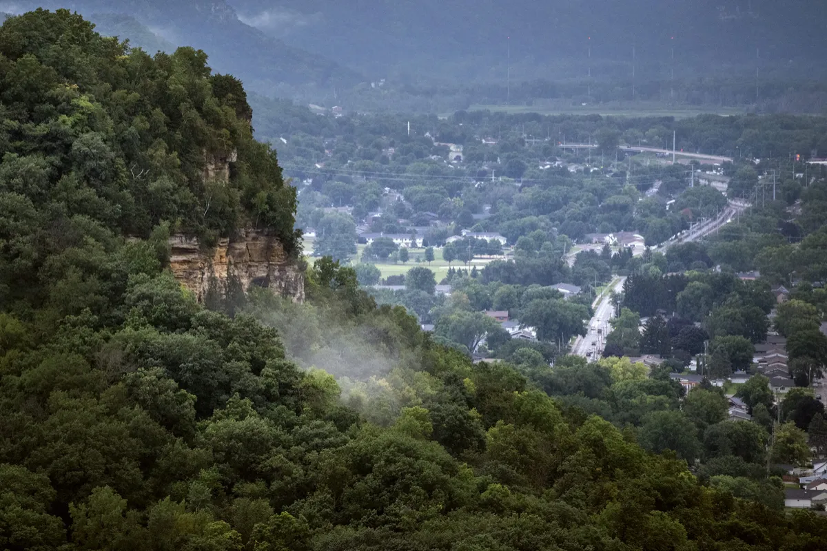 Aerial view of a small Driftless Area town in southwest Wisconsin