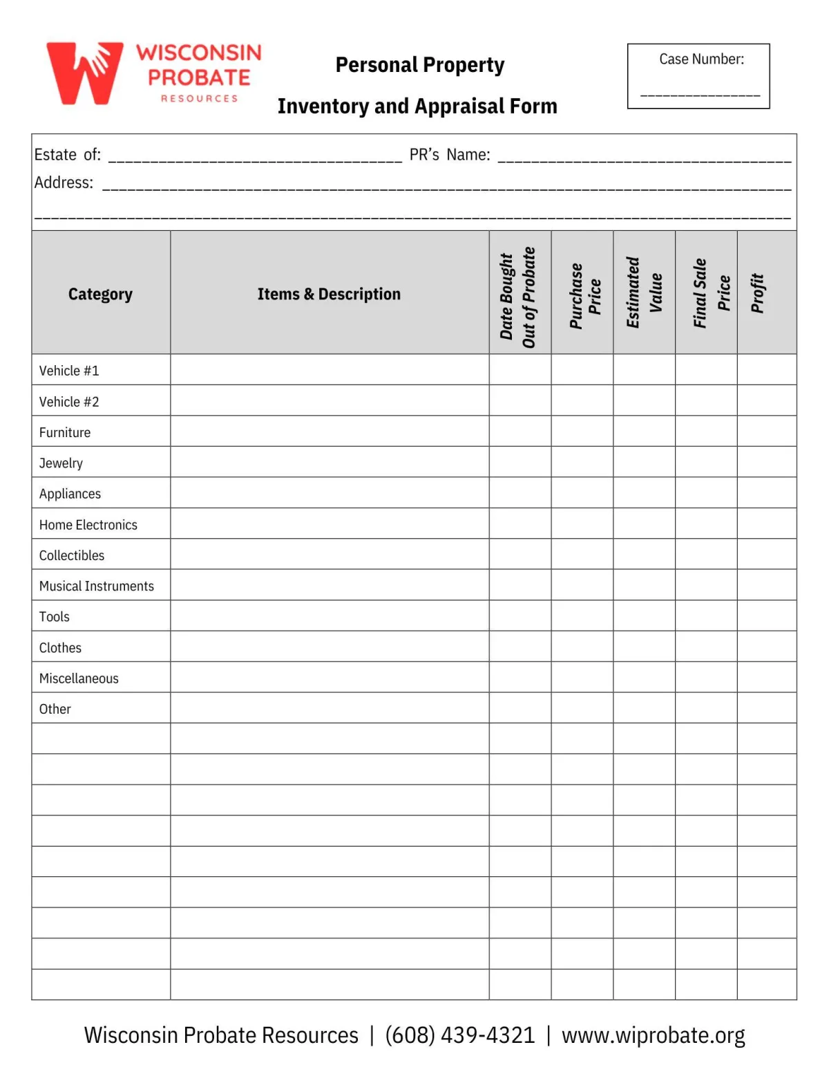 Personal Property Inventor Form for proate by jeremy fishnick realty advisors