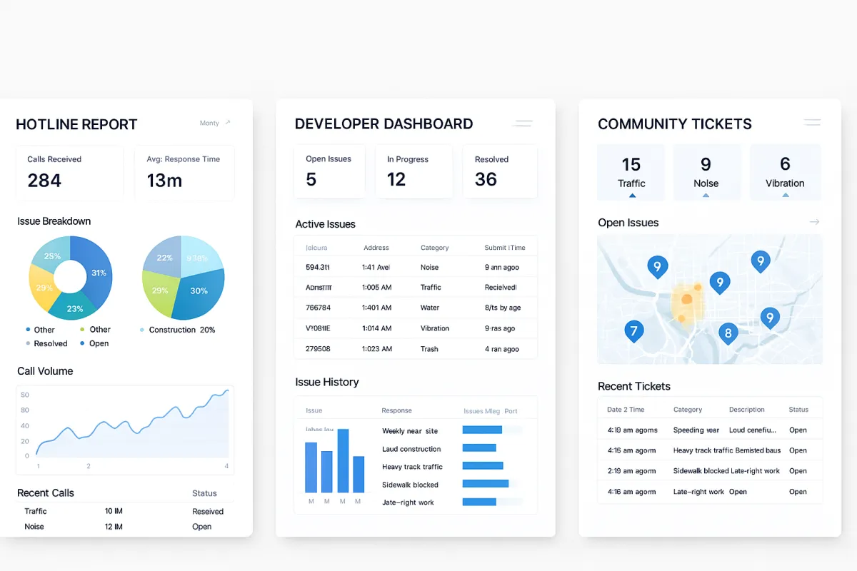 Dashboard preview showing real-time issues map, hotline reports, and compliance summary