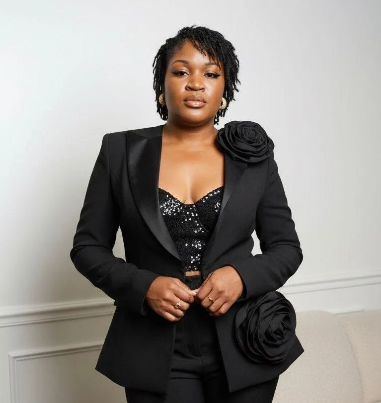 A eark woman in black suit