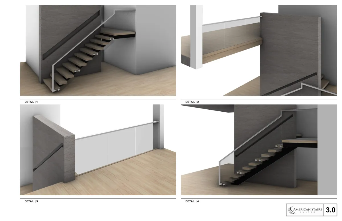 Technical illustration of a custom staircase design featuring a spiral staircase and detailed close-up views of specific joinery and design elements. The clean, precise drawing resembles architectural blueprints on a white background.