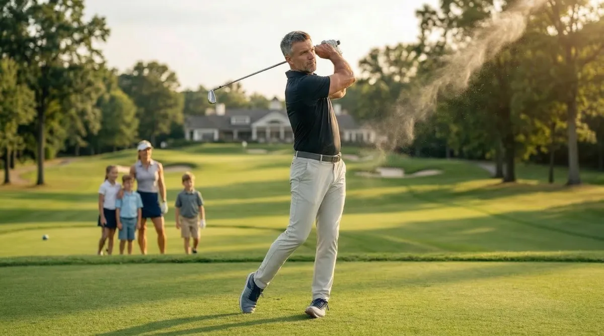 Active adult swinging a golf club at full capacity — hormone optimization at Pinnacle in Lubbock