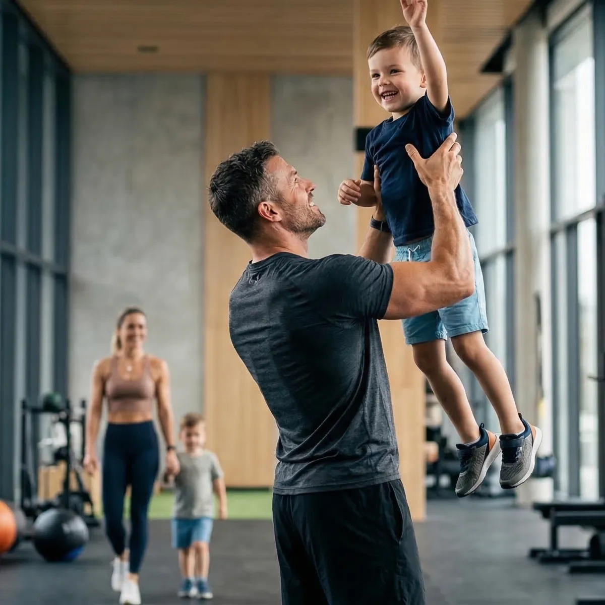 Father lifting his son overhead in the gym — recovery and vitality supported by peptide therapy at Pinnacle in Lubbock