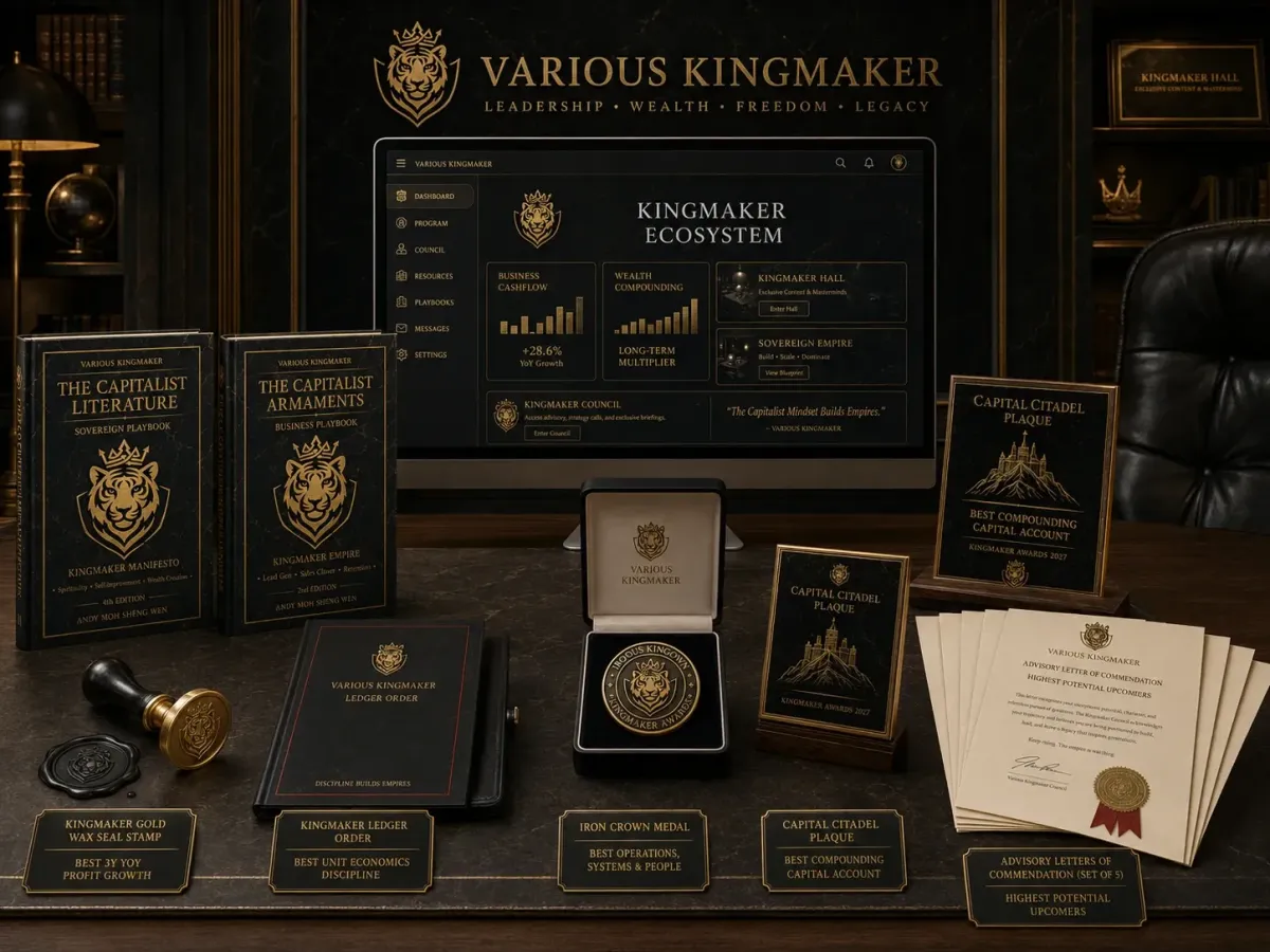 Various Kingmaker product suite display with books, certificates, and premium assets