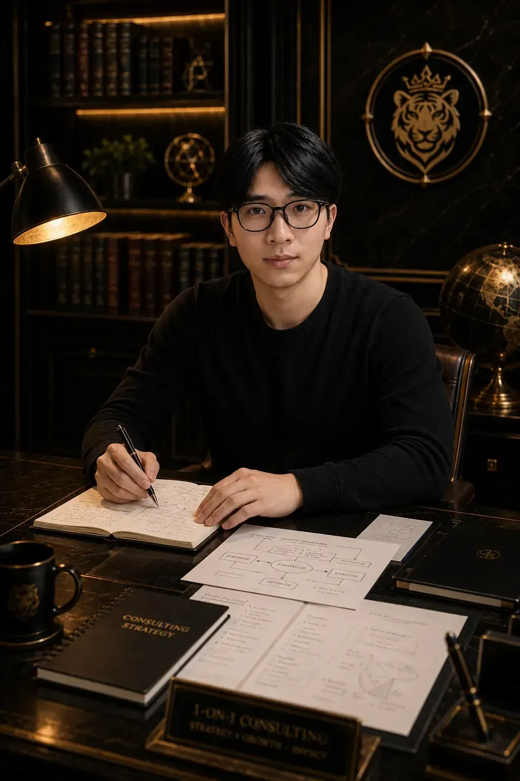Andy Moh writing at a desk with Various Kingmaker materials
