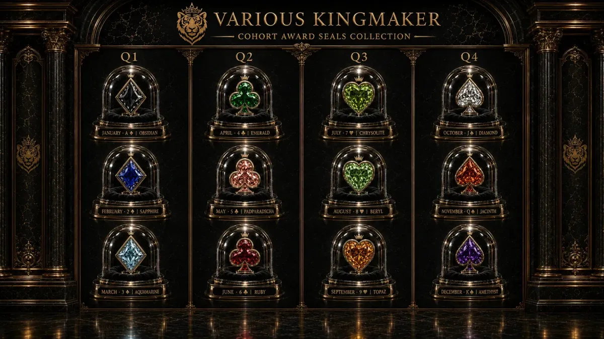Various Kingmaker quarterly cohort awards with gemstone operator seals