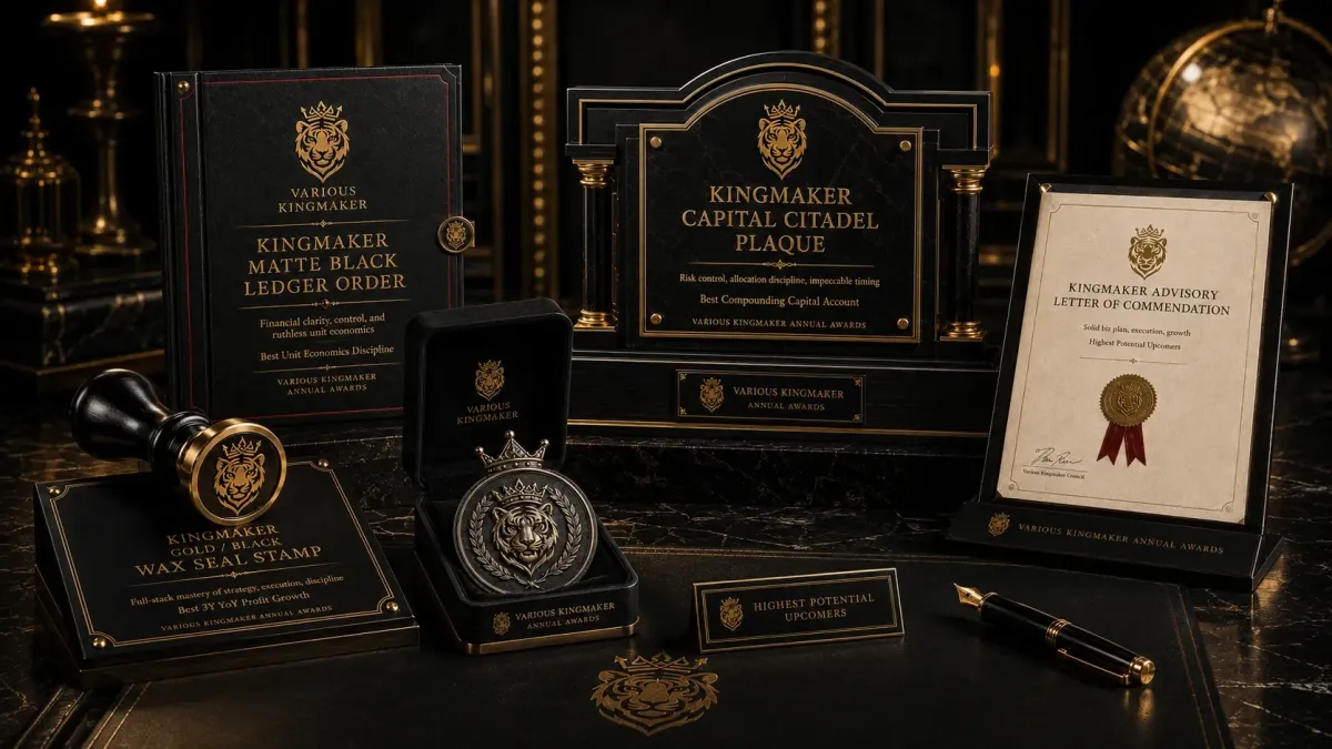 Various Kingmaker annual award display with certificate and premium artifacts