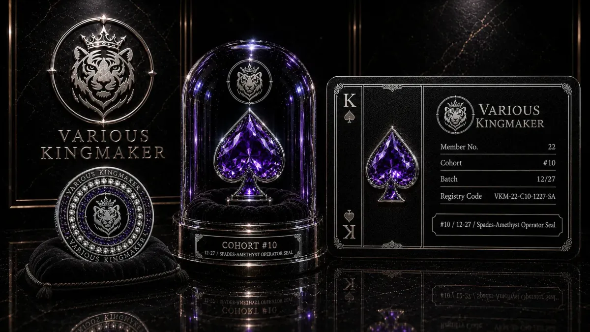 Various Kingmaker cohort award artifact spades amethyst displayed with cohort ID and premium kingmaker emblem