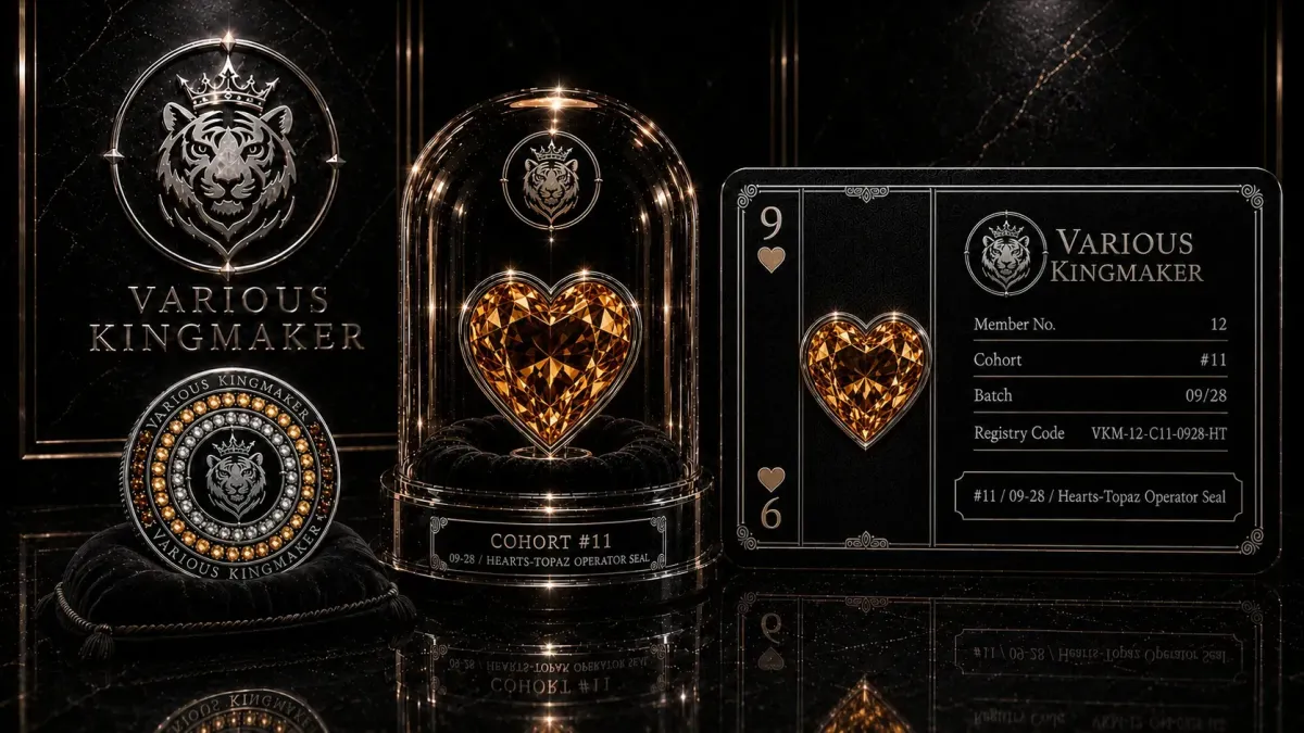 Various Kingmaker cohort award artifact hearts topaz displayed with cohort ID and premium kingmaker emblem