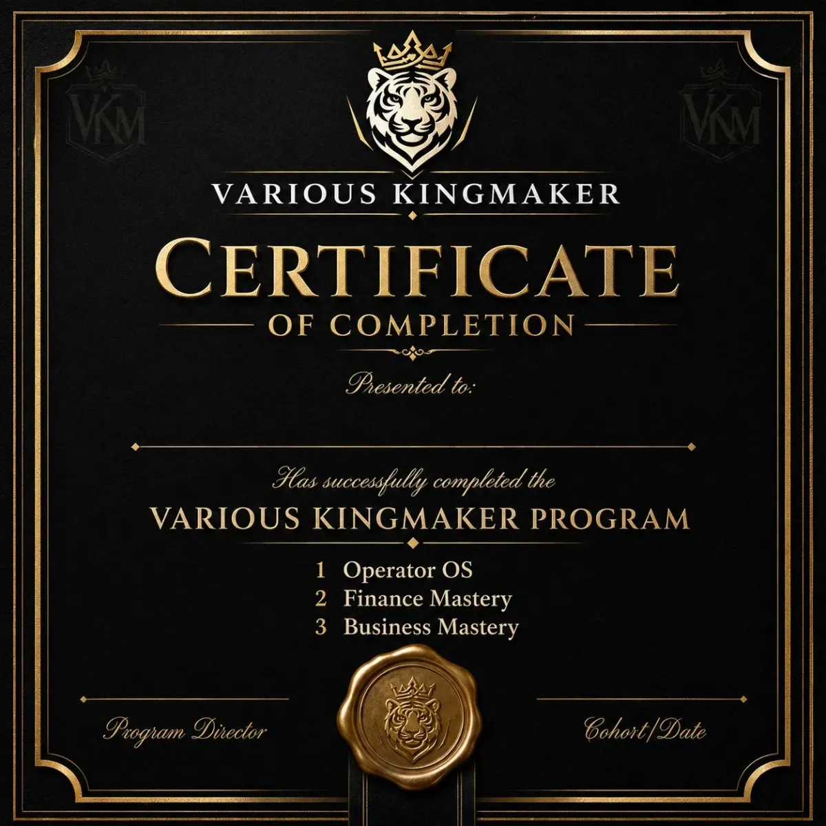 Various Kingmaker certificate of completion for program graduates
