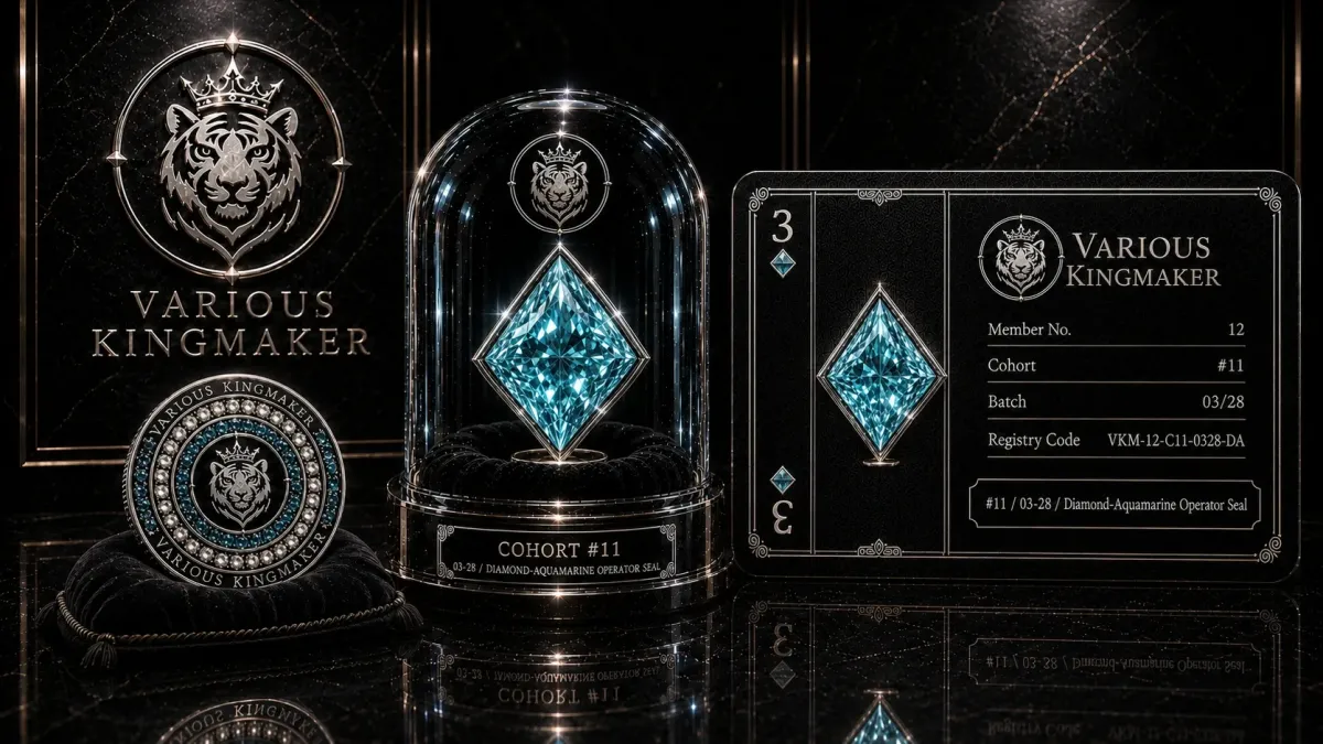 Various Kingmaker cohort award artifact diamond aquamarine displayed with cohort ID and premium kingmaker emblem