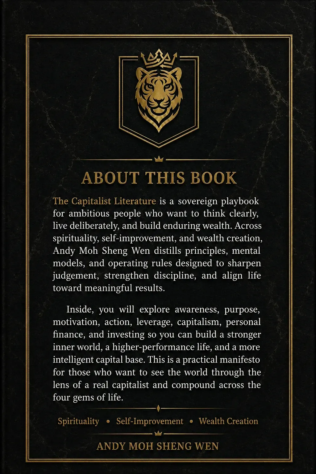 The Capitalist Literature back cover showing the Sovereign Operator worldview