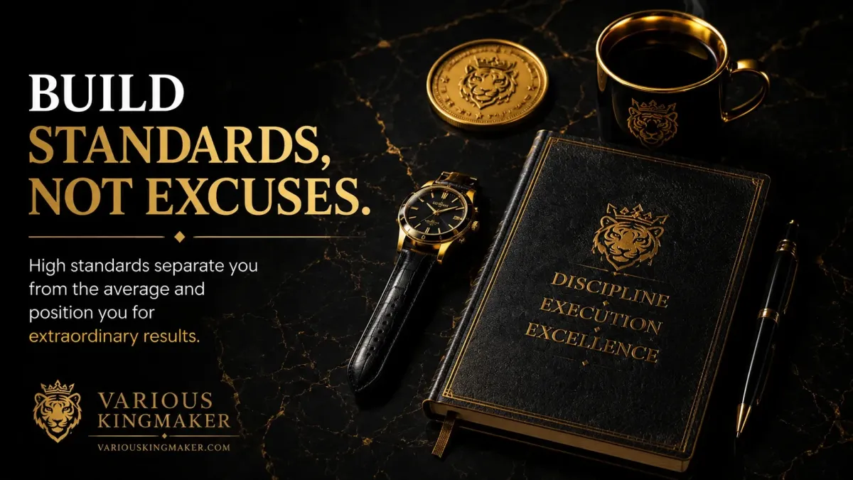 Brand quote card about building standards instead of excuses