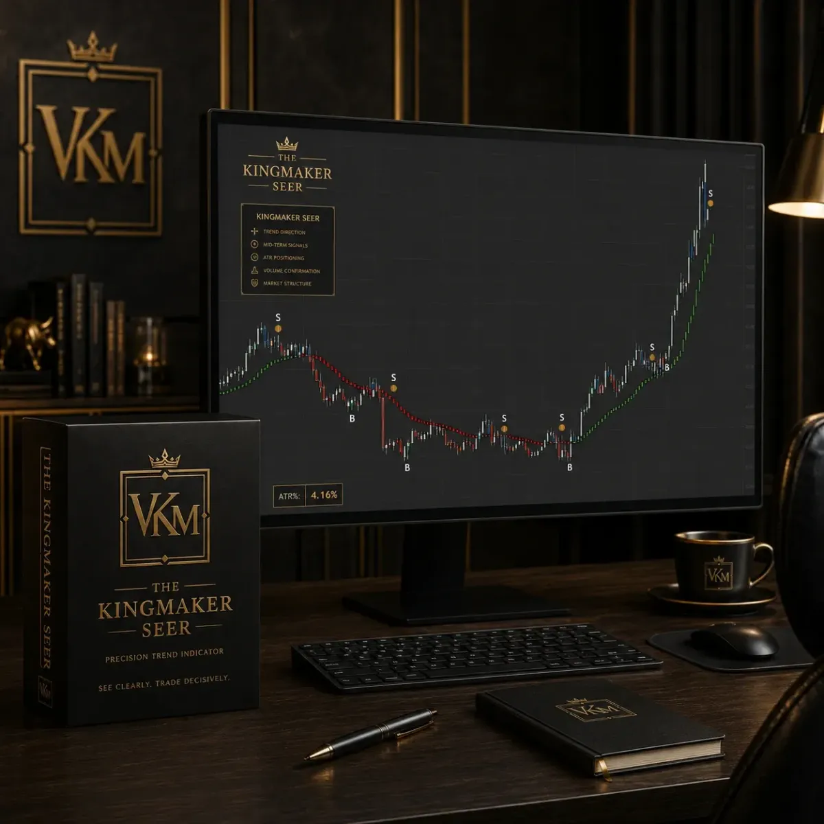 Kingmaker Seer desktop trading setup with market chart