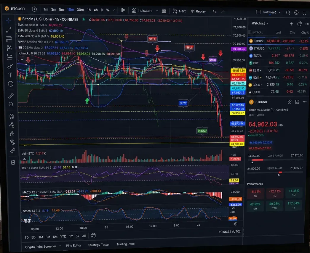 Messy trading desk workstation overloaded with indicators for market analysis