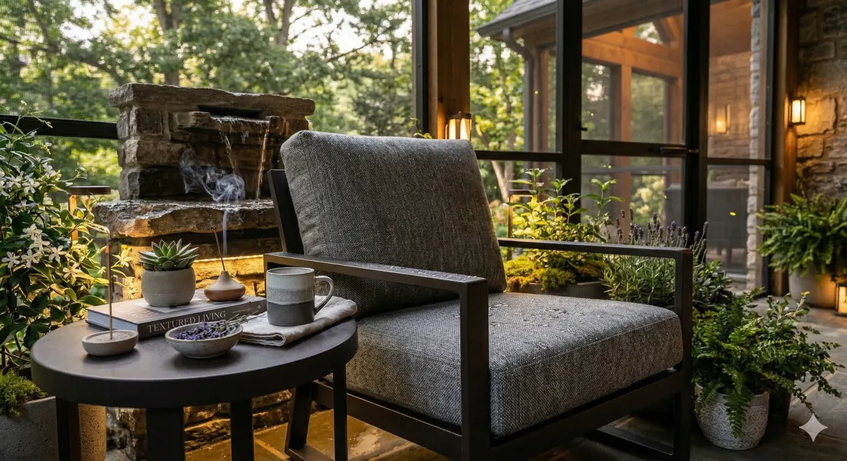 A luxury screened-in patio with lush greenery, a stone water feature, and warm evening lighting creating a sensory outdoor sanctuary.