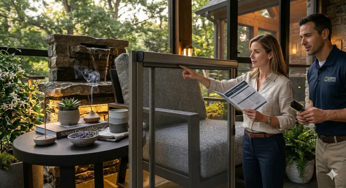 A homeowner performing a final walkthrough inspection of a newly installed motorized screen system on a luxury patio.