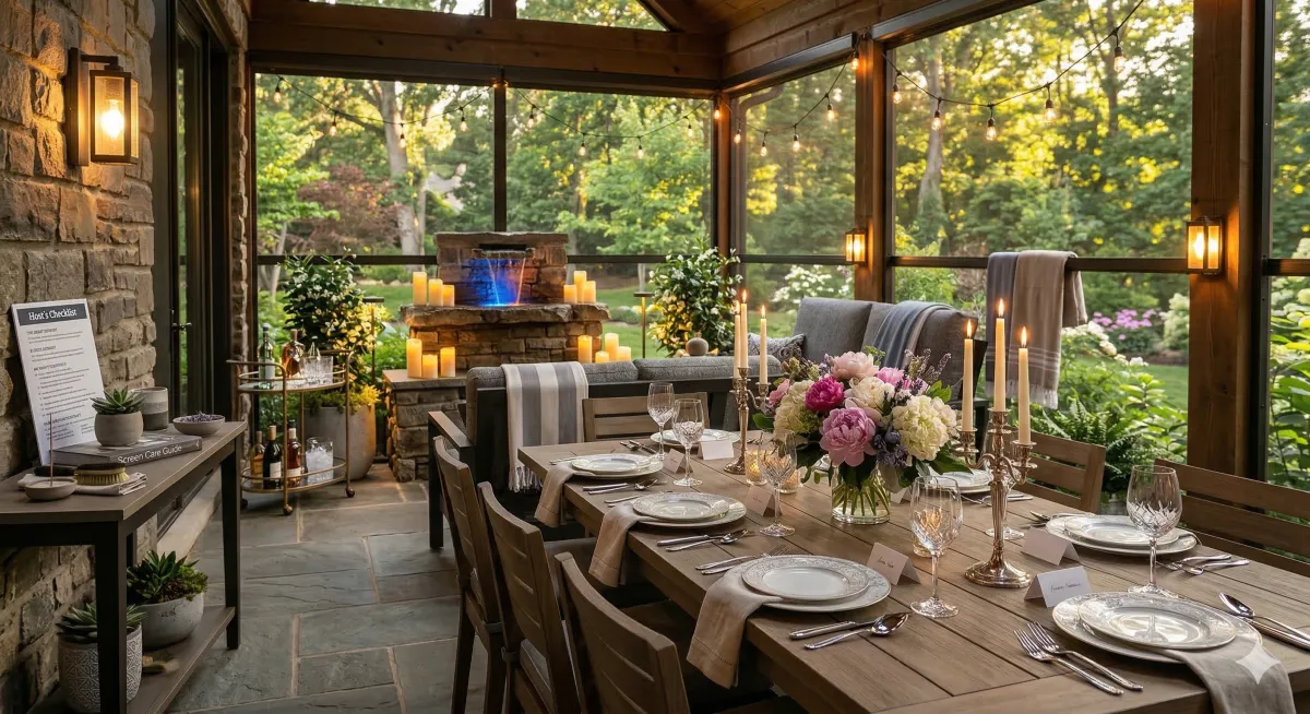 A beautifully set luxury screened-in patio prepared for a summer evening gathering with warm lighting and elegant table settings.