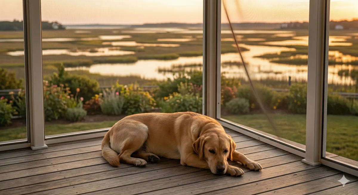 A relaxed dog lying peacefully on a screened-in deck at sunset, protected from mosquitoes and enjoying the outdoor space without discomfort.