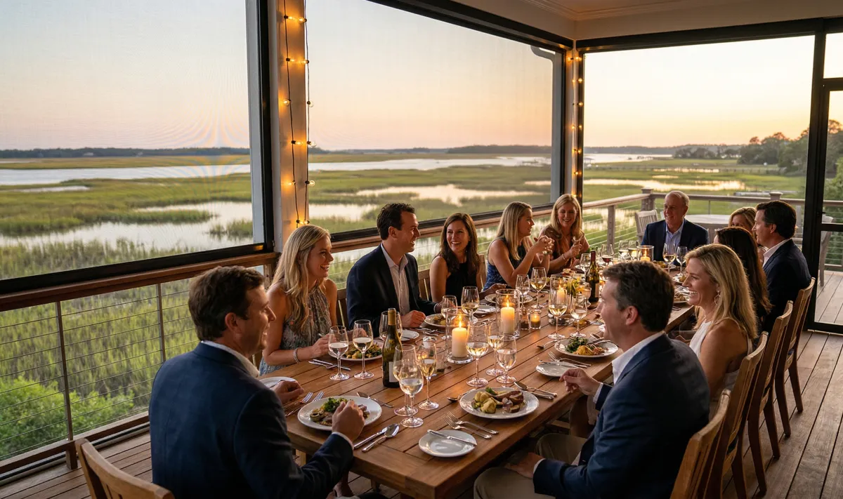 Formal outdoor dinner party with guests seated at long table on screened porch at sunset, OneTrack motorized screens keeping insects out while preserving marsh views