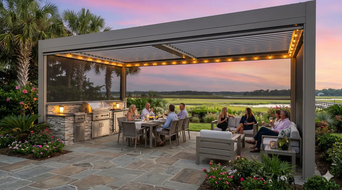 Group of friends dining and socializing under a modern pergola with outdoor kitchen at sunset, motorized screens retracted to reveal marshland views