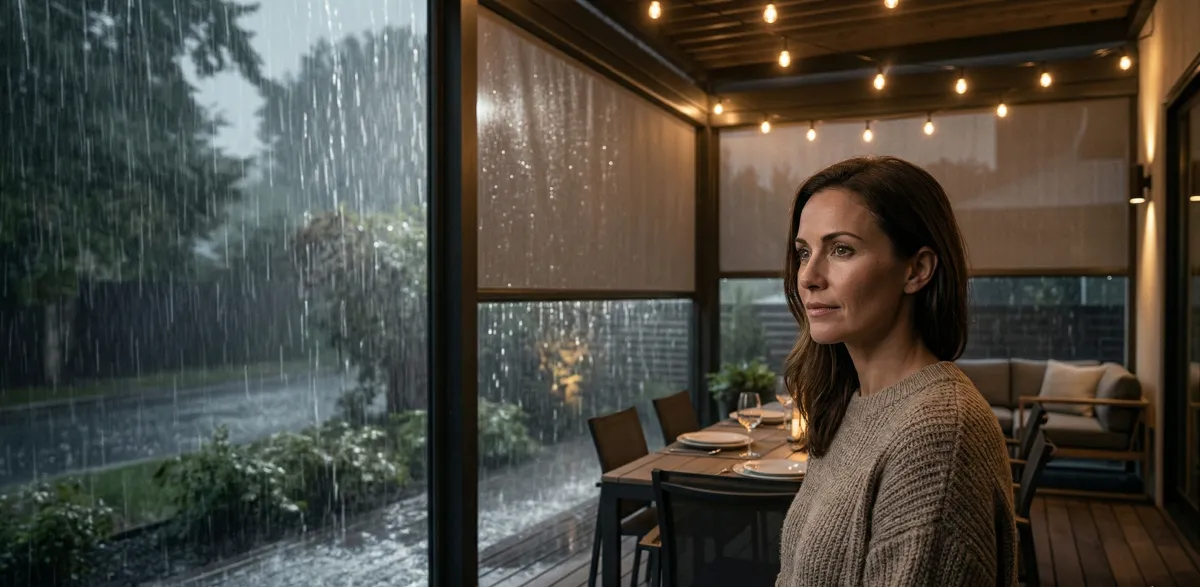 Woman on a covered porch with motorized screens deployed during heavy rainstorm, staying dry and comfortable with OneTrack weather protection screens